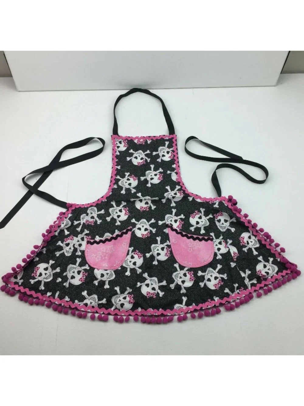 Girls Baking Apron for Kitchen Punk Rock Skulls With Bows Pink Pom Pom Ribbon